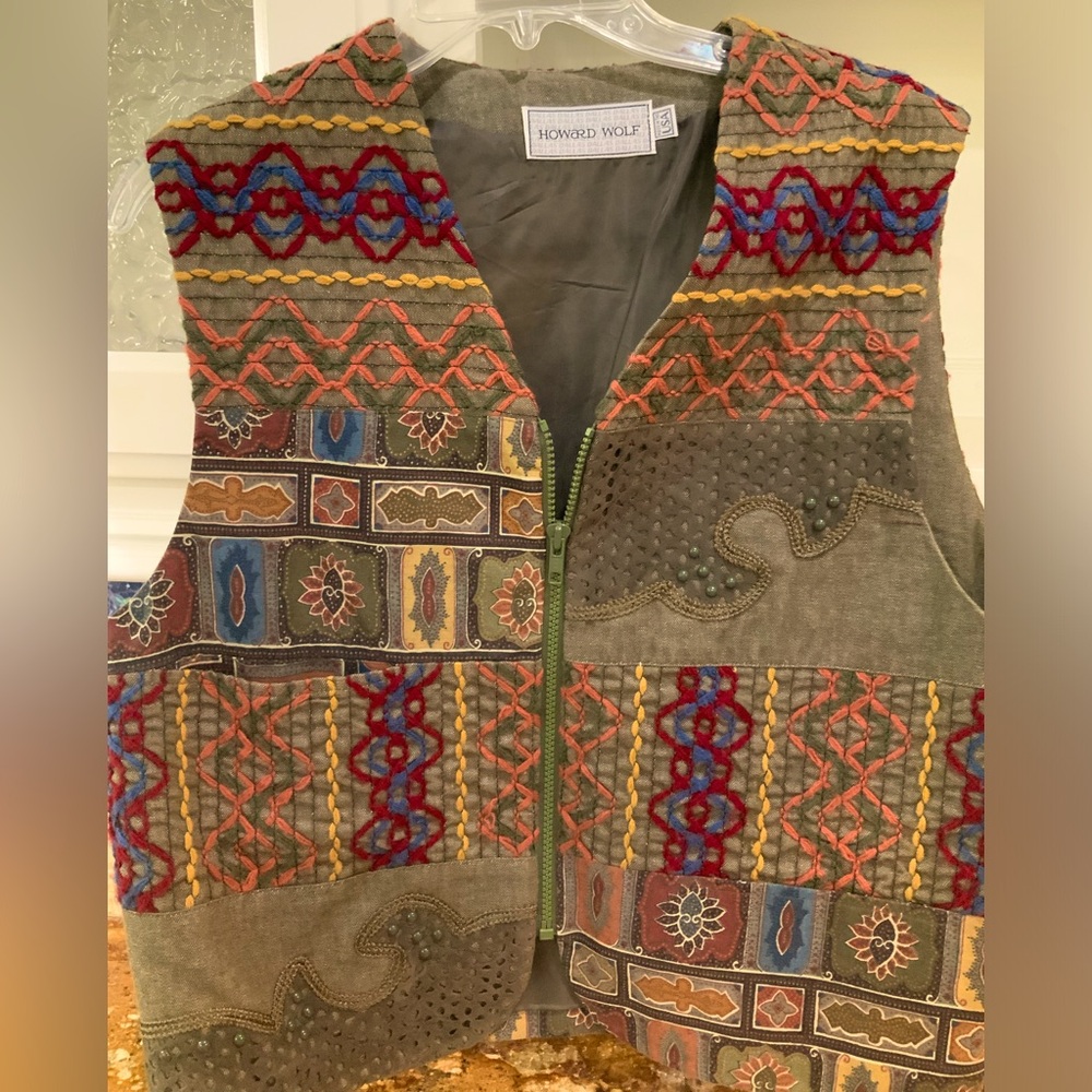 Howard Wolf Vintage Embroidered Olive Green Vest Size 12